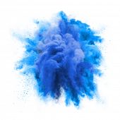 Paint powder explosion or abstract color splash of blue particles burst isolated on white background