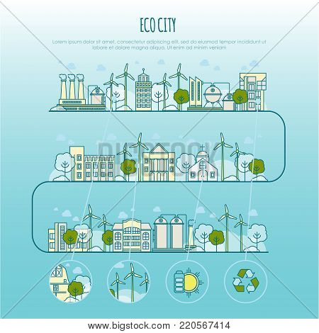 ecology city infographic vector template with thin line icons of