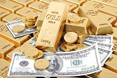 stock photo of money  - gold bars gold coins and paper money - JPG 