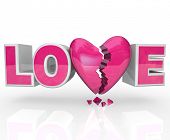 picture of break  - The word Love with a broken heart in place of the letter V representing a break up or dissolved relationship - JPG 