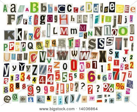 Picture or Photo of Newspaper alphabet with letters, numbers and symbols. Isolated on white