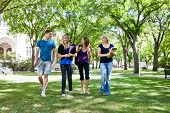 stock photo of group  - Group of college students walking in campus ground - JPG 
