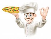 stock photo of restaurant  - A happy cook from a pizzeria or Italian restaurant holding a pizza - JPG 