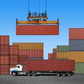 picture of transportation  - Stack of Freight Containers at the Docks with Truck - JPG 