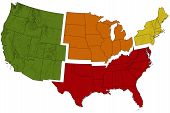 foto of map  - Brightly Colored USA Map Divided into Regions - JPG 