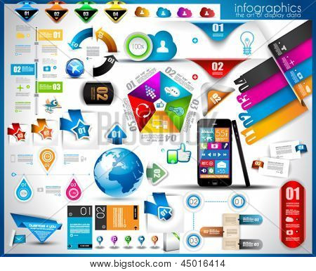 Picture or Photo of Infographic elements - set of paper tags, technology icons, cloud cmputing, graphs, paper tags, arrows, world map and so on. Ideal for statistic data display.
