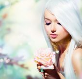 picture of art  - Beautiful Spring Girl With Rose Flower - JPG 