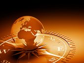 picture of globe  - 3d illustration of a translucent globe sitting on a partial compass on an orange reflective base - JPG 