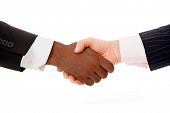 stock photo of handshake  - Multiracial business handshake on white background - JPG 