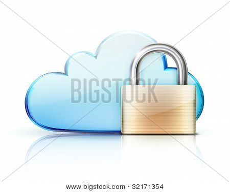 Picture or Photo of Illustration of security concept with blue internet cloud icon and locked pad lock
