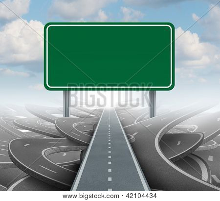 Picture or Photo of Strategy blank sign as a clear plan and solutions for business leadership with a straight path to success choosing the right strategic road with a green highway signage with copy space on a sky background.