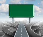 picture of stay  - Strategy blank sign as a clear plan and solutions for business leadership with a straight path to success choosing the right strategic road with a green highway signage with copy space on a sky background - JPG 