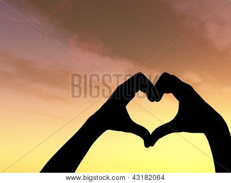 Picture or Photo of Concept or conceptual heart shape or symbol made of human or woman and man hand silhouette over a sky at sunset background