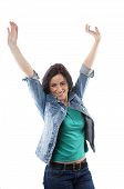 stock photo of cheerful  - middle aged woman cheering with raised arms - JPG 