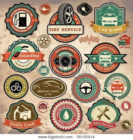 Picture or Photo of Collection of vintage retro grunge car labels, badges and icons