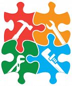 foto of jigsaw  - Four colored individual jigsaw piece shapes with tool outlines - JPG 