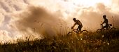 picture of sunset  - Happy couple riding bicycles outside - JPG 
