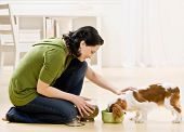 picture of dog  - Devoted woman kneeling and feeding hungry pet dog - JPG 