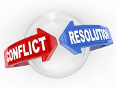 stock photo of meeting  - A sphere with blue and red arrows from opposite ends and the words Conflict Resolution representing an agreement - JPG 