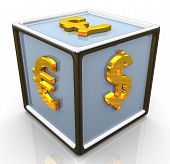 image of currency  - 3d render of shiny reflective cube of currencies symbols - JPG 
