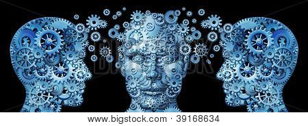 Picture or Photo of Business education and corporate management training programs with human heads made of gears and cogs exchanging ideas and knowledge to train and educate the mind for career success on black.