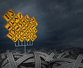image of strategy  - Strategy direction decisions searching for the right path for business career and education as a life management concept with a group of yellow traffic signs with confused arrows tangled roads and highways in a chaotic path - JPG 