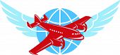 image of globe  - Illustration of a propeller airplane in flight with globe and pair of wings done in retro style - JPG 