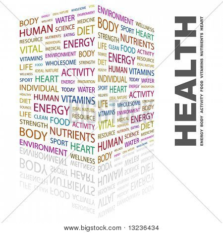 Picture or Photo of Health. Word collage on white background. Illustration with different association terms.