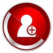 Add contact red web icon. Metal shine silver chrome border round button isolated on white background