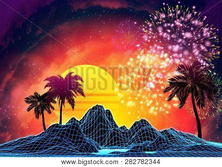 Poster: Vaporwave Landscape With Rocks And