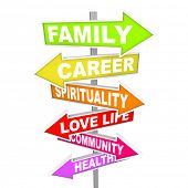 stock photo of health  - Several colorful arrow street signs with elements of your life prioritized  - JPG 
