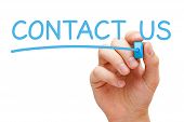 pic of hand  - Hand writing Contact Us with blue marker on transparent wipe board - JPG 