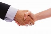 pic of handshake  - Man and woman handshake closeup on white background - JPG 