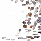 picture of currency  - American coins falling to the ground isolated on white - JPG 