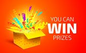 Open Yellow Box With Colorful Particles. You Can Win Prizes. Lottery Drawing Advertising Banner Temp