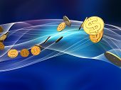 picture of cash  - Interplay of golden dollar coins against elegant wave background on the subject of finance money business and commerce - JPG 