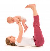 stock photo of fitness  - A mother and baby gymnastics yoga exercises - JPG 