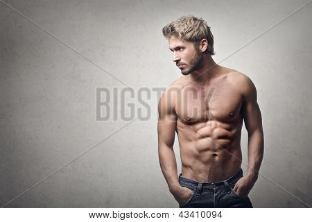 Picture or Photo of Handsome muscular man on gray background