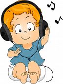 stock photo of toddlers  - Illustration of a sitting Toddler Boy using Headphones while listening to Music - JPG 