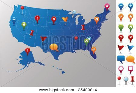 Picture or Photo of Usa Map with GPS Icons. Every state is in its own shape.