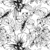 stock photo of black  - seamless pattern with black and white orchids - JPG 