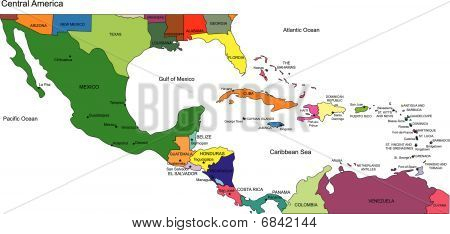 Picture or Photo of Central America Regional Map, with individual Countries and Names. Includes bottom of USA, Mexico to Panama. Countries are individual objects that can be colored and changed so you can build a regional territory map or develop an illustration. Great for b