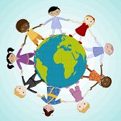 stock photo of globe  - illustration of kids of different nation joining hand standing around the globe - JPG 