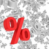 stock photo of percentage  - Red percentage closeup and many white percentage symbols chaotically flying on the white background - JPG 