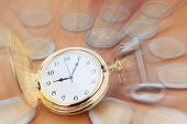 picture of watch  - Pocket watch in focus on the background euro coins and keys - JPG 