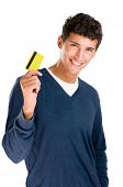 pic of business people  - Happy smiling young man showing credit card isolated on white background - JPG 
