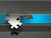 stock photo of puzzle  - 3d illustration of a collection of connected metallic puzzle pieces floating above a gray and blue abstract background - JPG 