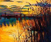 pic of rush  - Original oil painting showing beautiful lakesunset landscape - JPG 