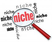 foto of magnifying  - A magnifying glass hovering over several instances of the word niche - JPG 