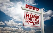 image of blue sky  - White and Red Foreclosure Home For Sale Real Estate Sign Over Beautiful Clouds and Blue Sky - JPG 